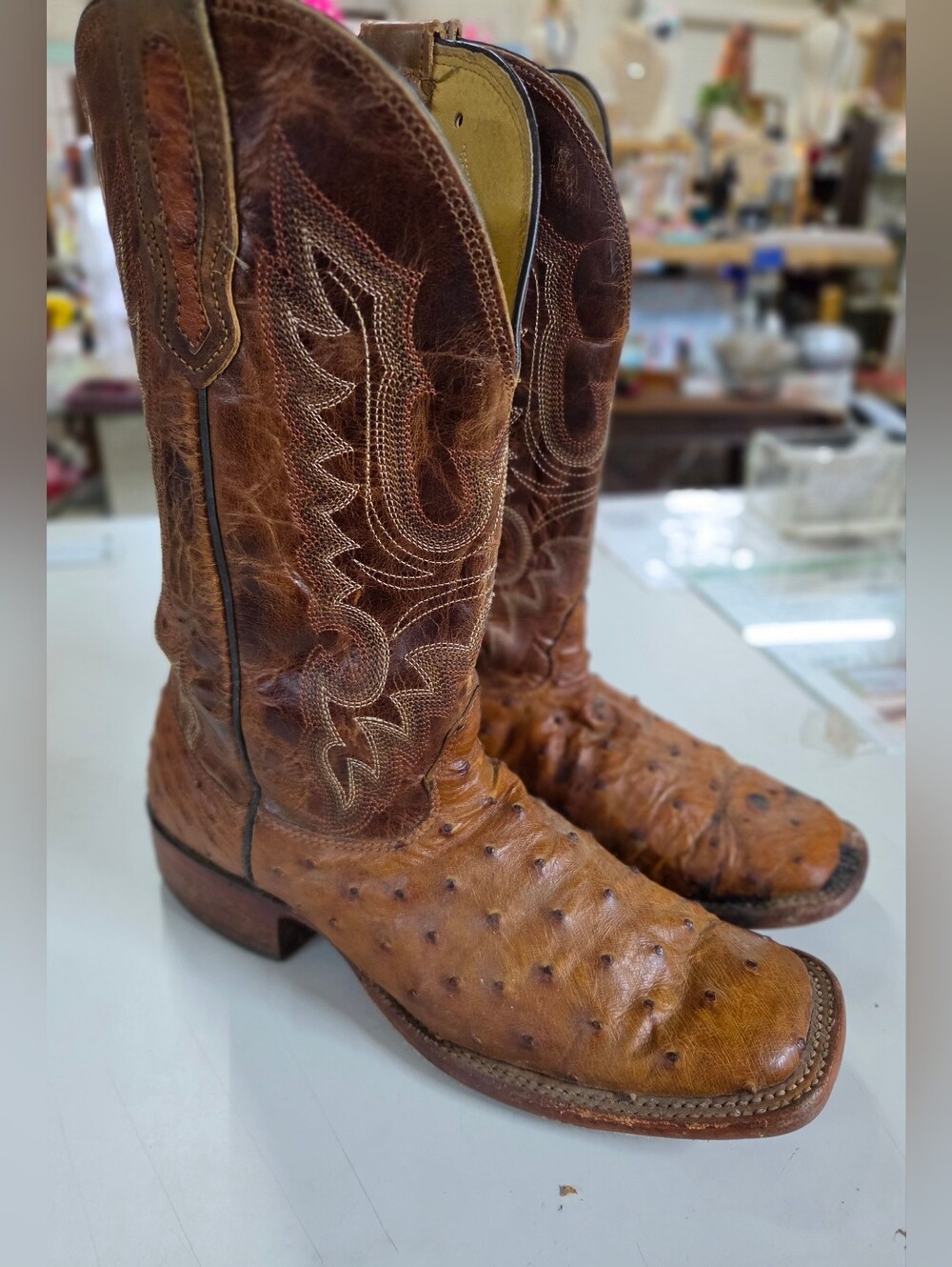 Cavender's Men's Full Quill Ostrich Leather Broad Square Toe Cowboy Boots Brown